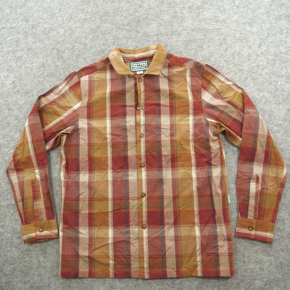 Vissla Shirt Mens Small Red Brown Button Up Plaid Long Sleeve New
